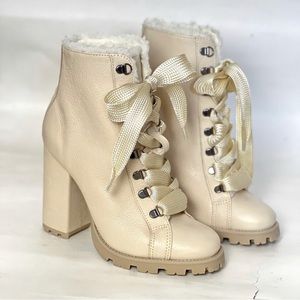 Schutz Zhara Winter White Lace Up Pointed Toe Block High Heel Combat Boo…